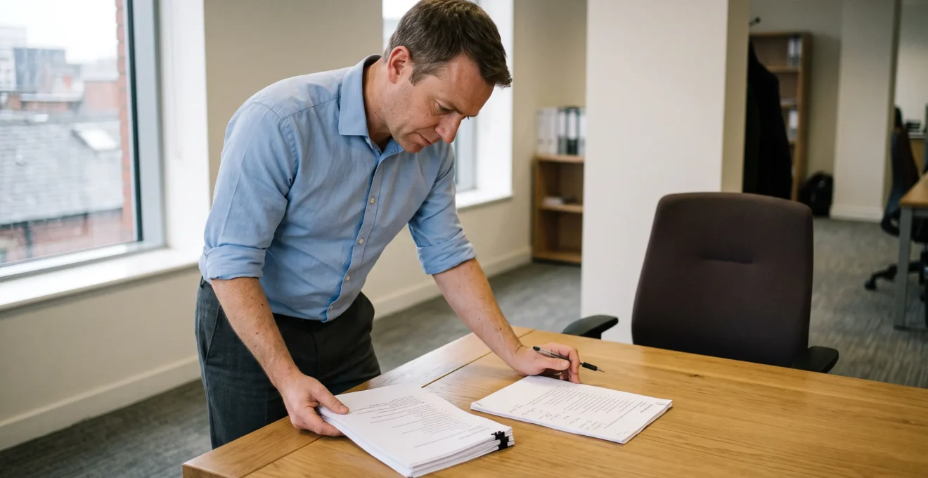 A hiring manager compares two printed candidate shortlists on a table in a Manchester office.
