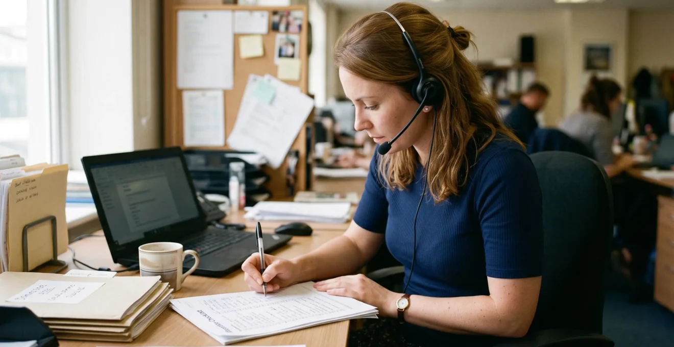 An HR coordinator wearing a headset takes notes on a printed checklist at her desk in a Bristol office.