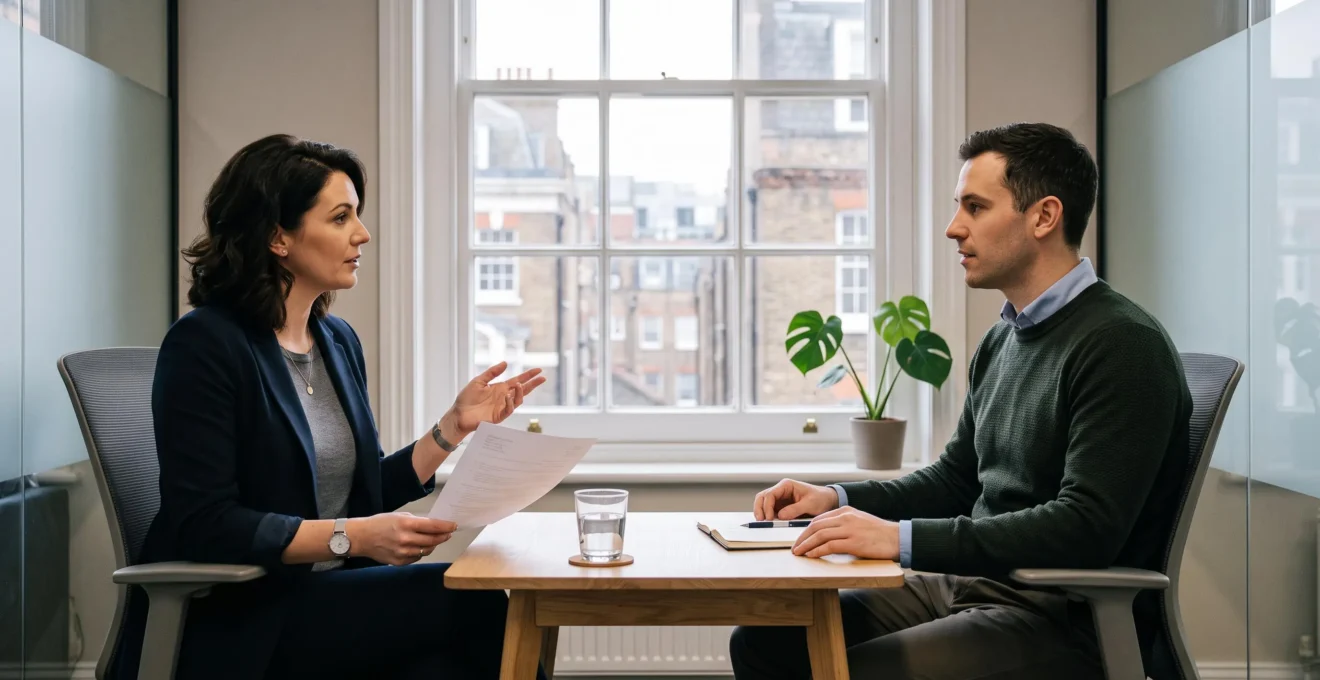 A recruitment consultant reviews a printed CV with a candidate during an interview in a modern London office.